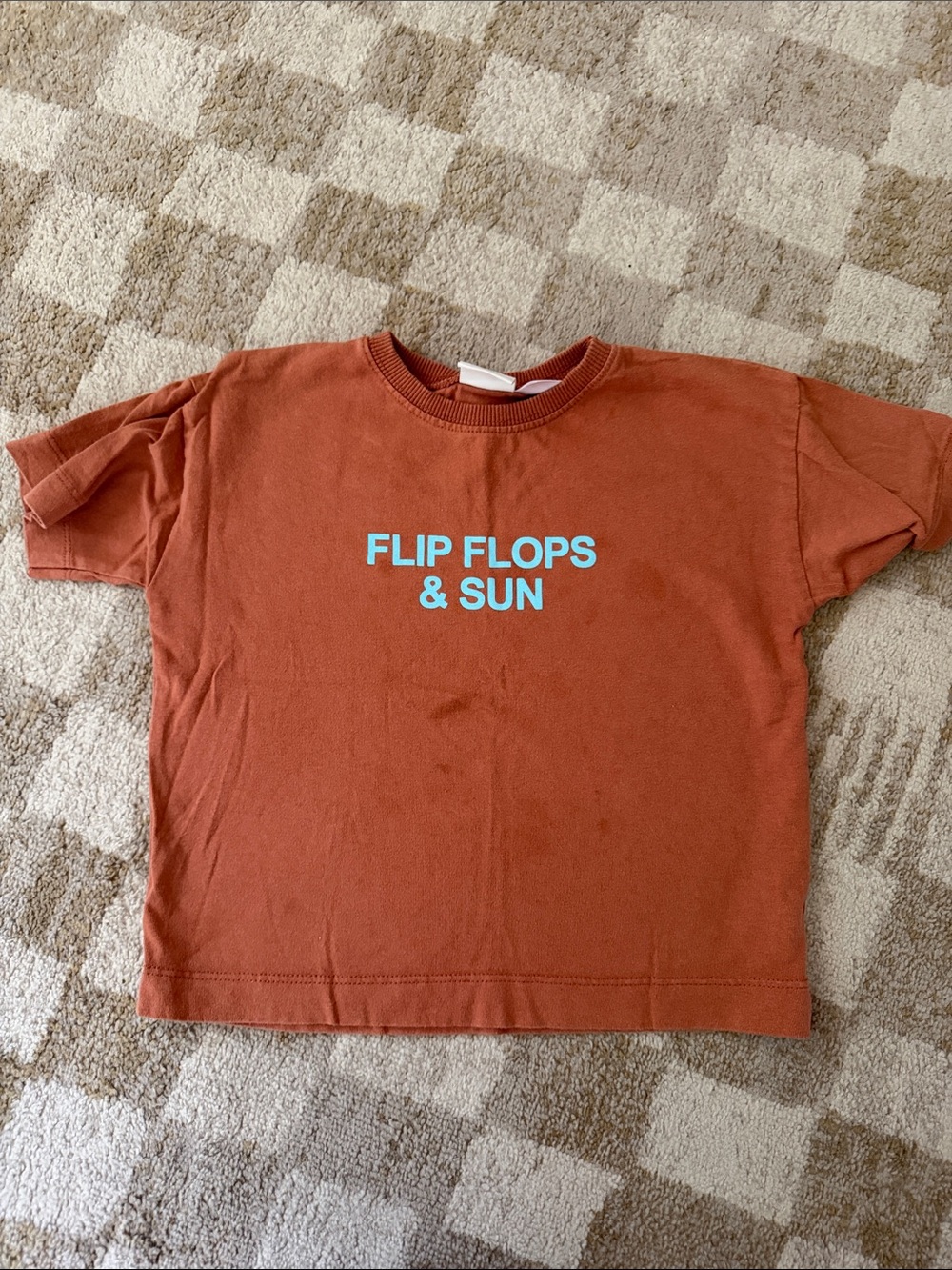 Zara Rust Orange Tee with Light Blue "Flip Flops & Sun" Graphic